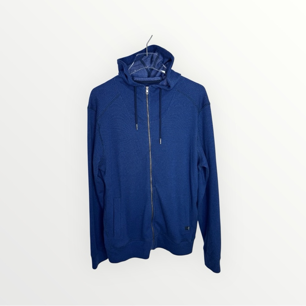Prana Men's Herringbone Full Zip Hoodie Drawstring Outdoor Hiking Jacket Large